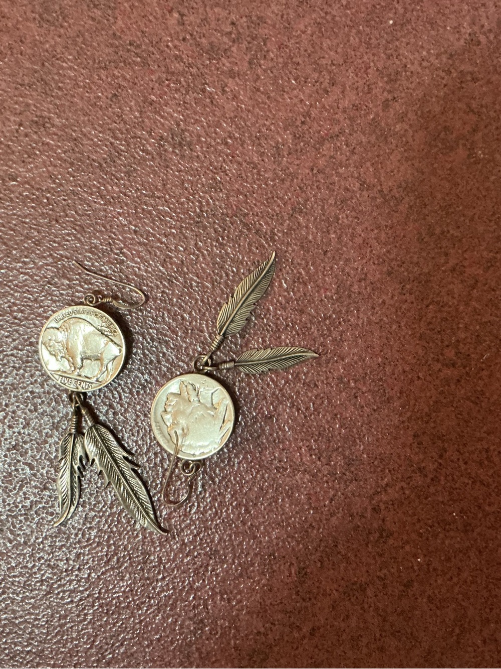 Authentic Buffalo Coin & Feather Dangle Earrings
